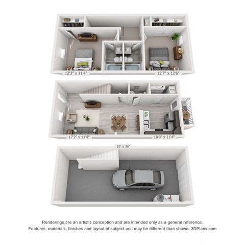 A 3d rendering of a 2 bedroom expanded townhome with a garage
